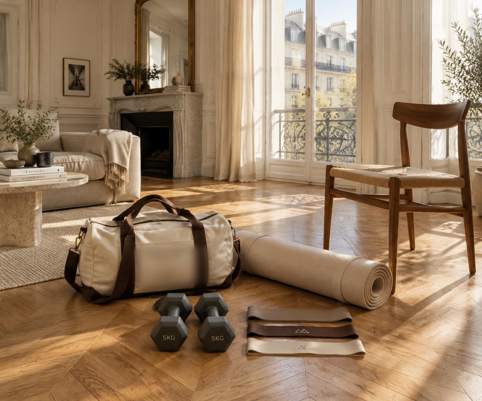 Sac de coach, tapis et haltères posés dans un salon parisien baigné de lumière
